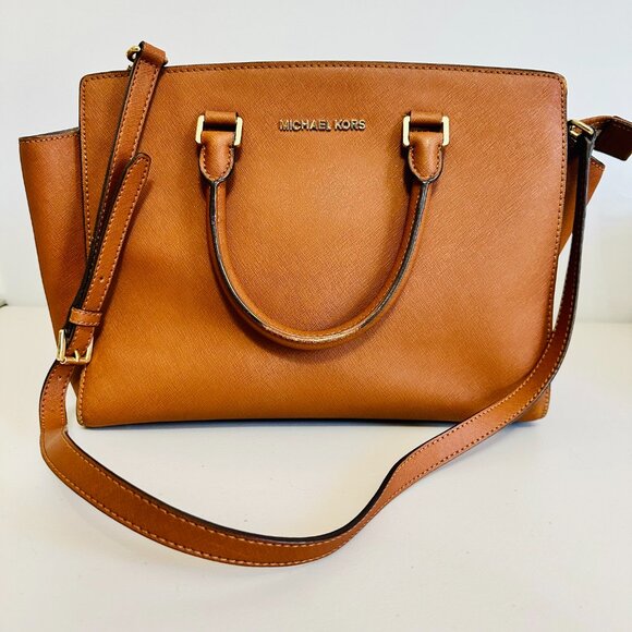 EUC MICHAEL KORS TWO-WAY SELMA CAMEL SAFFIANO LEATHER SATCHEL CROSSBODY BAG - Picture 4 of 16